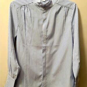 Everlane Blue & White Stripe Ruffle Neck Blouse | Small